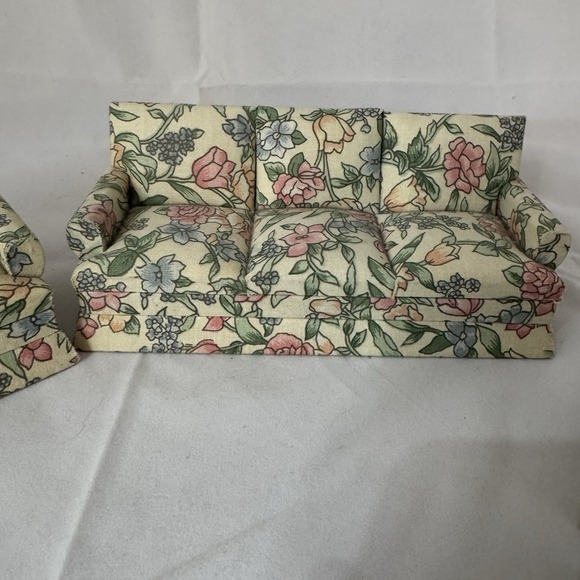 Vintage set dollhouse doll furniture couch chairs Ottoman 1:12 Upholstered 4pc - Picture 2 of 3
